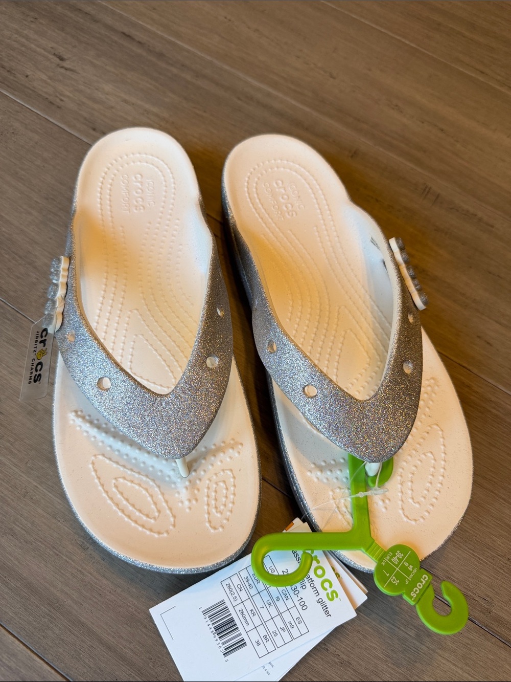 CROCS Silver Glitter Flip Sandals with White Footbed Size 9